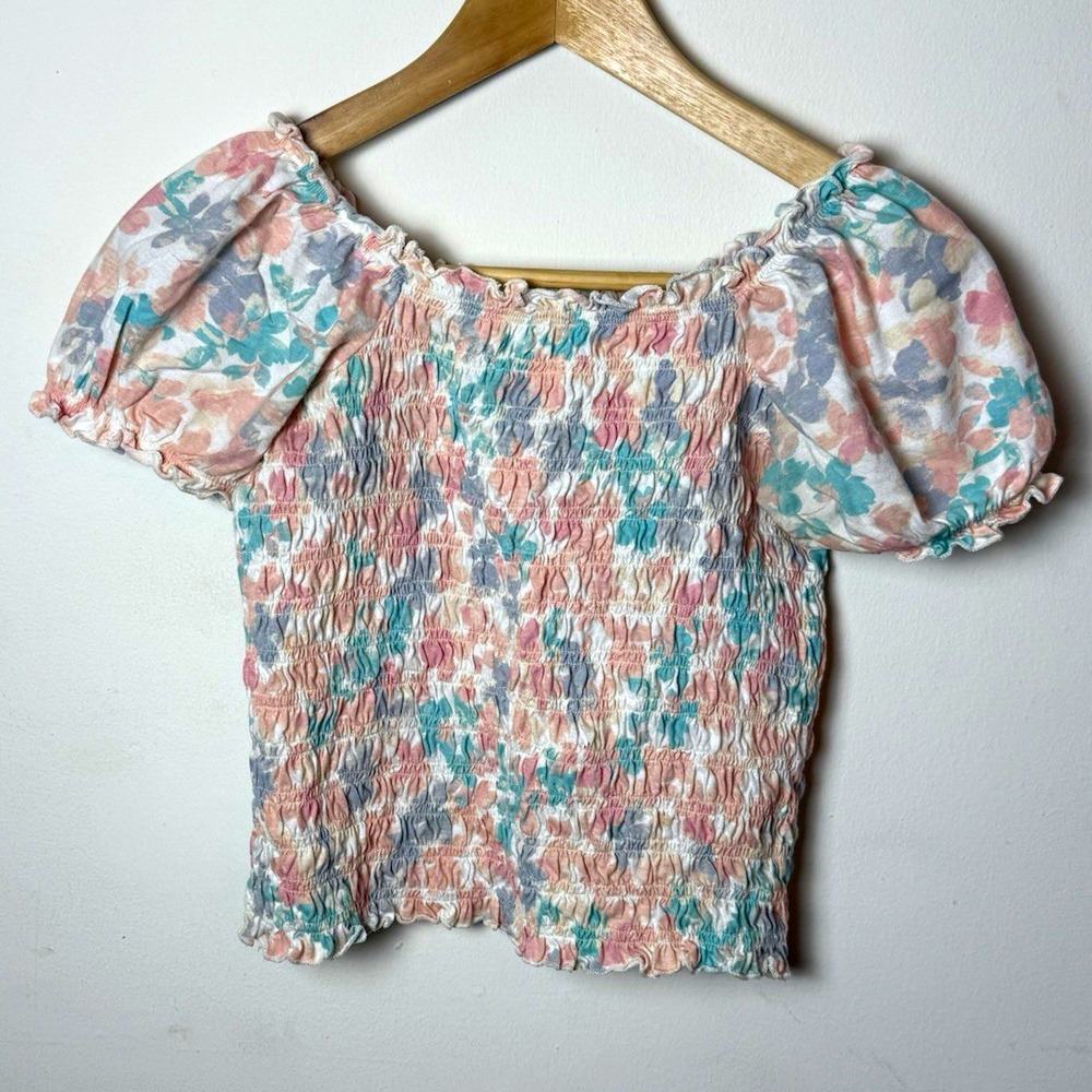 Nordstrom Girls 10/12 Floral Smocked Puff Sleeve Square Neck Pullover Blouse